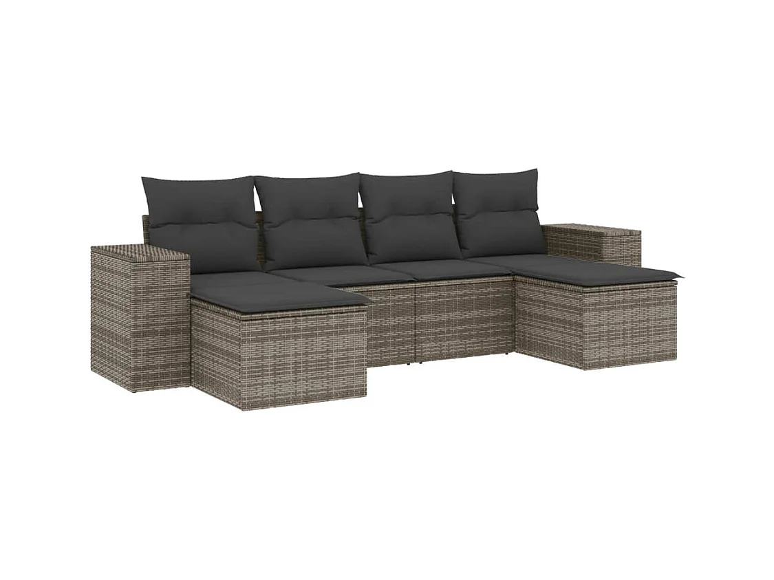 Salon de jardin 6 pcs avec coussins gris résine tressée