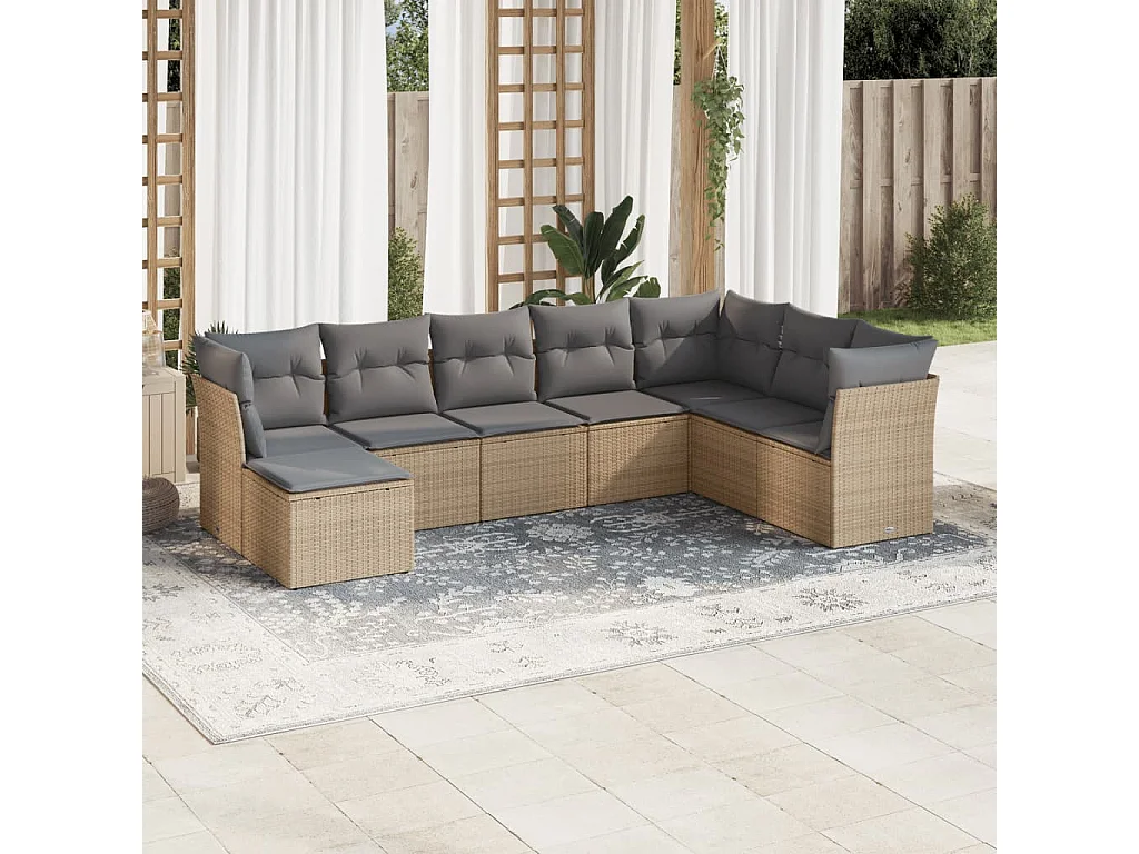 Salon de jardin avec coussins 8 pcs beige résine tressée