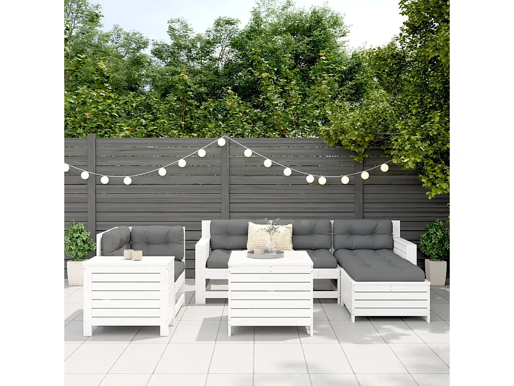 Salon de jardin 7 pcs blanc bois de pin massif