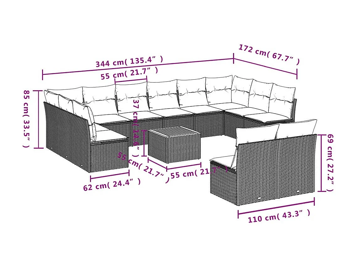 Salon de jardin avec coussins 13 pcs gris résine tressée