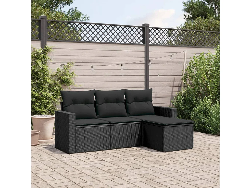 Salon de jardin 4 pcs avec coussins noir résine tressée