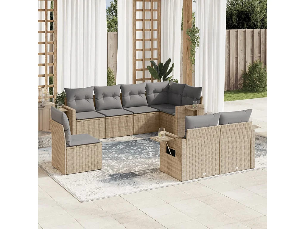 Salon de jardin avec coussins 8 pcs beige résine tressée