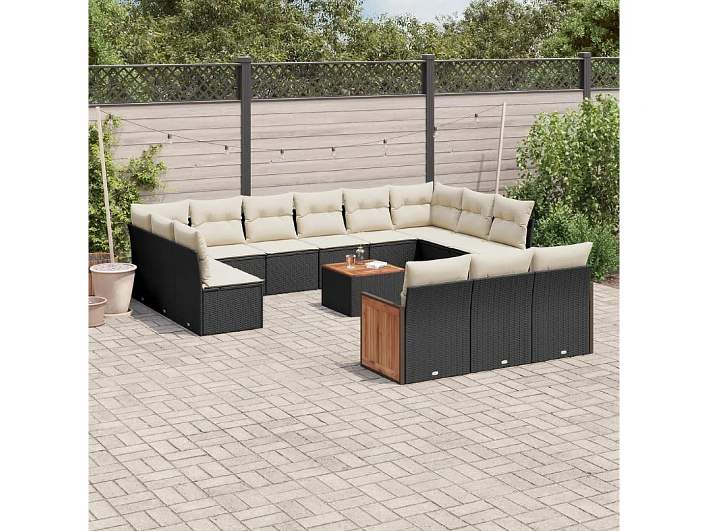 Salon de jardin avec coussins 14 pcs noir résine tressée