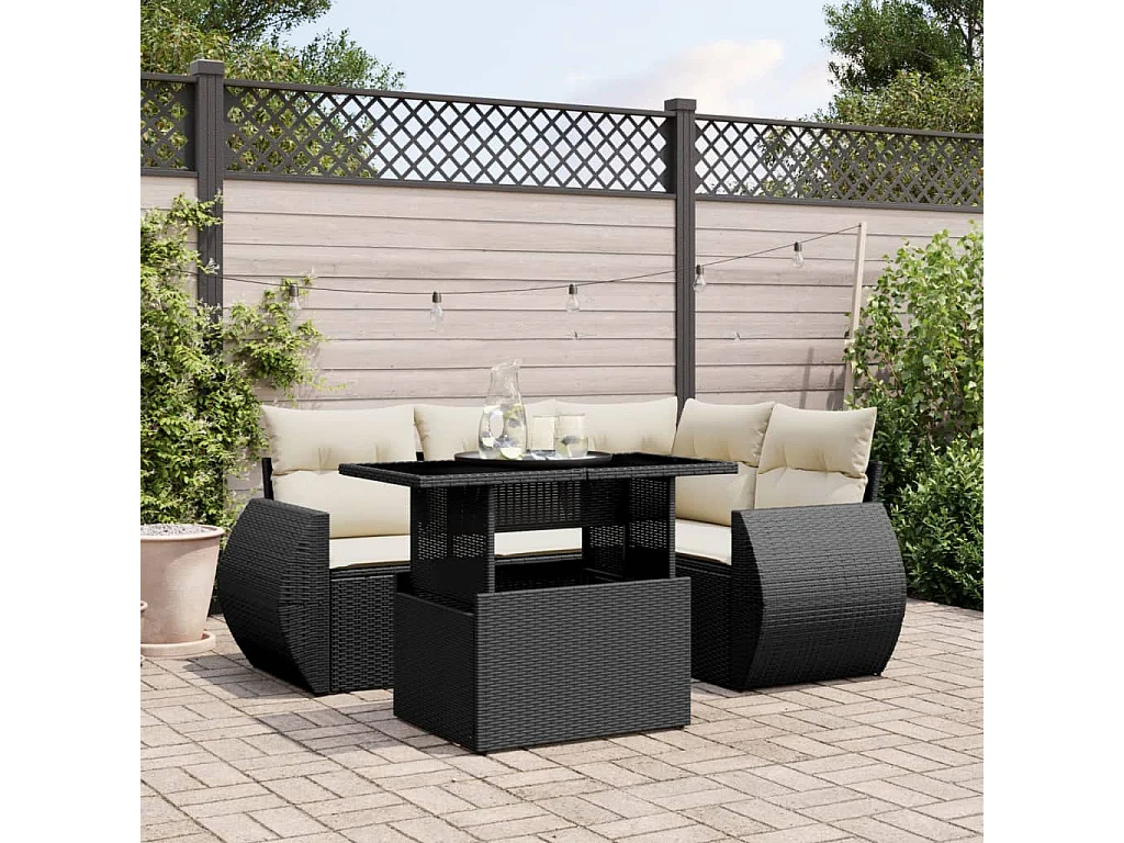 Salon de jardin 5 pcs avec coussins noir résine tressée
