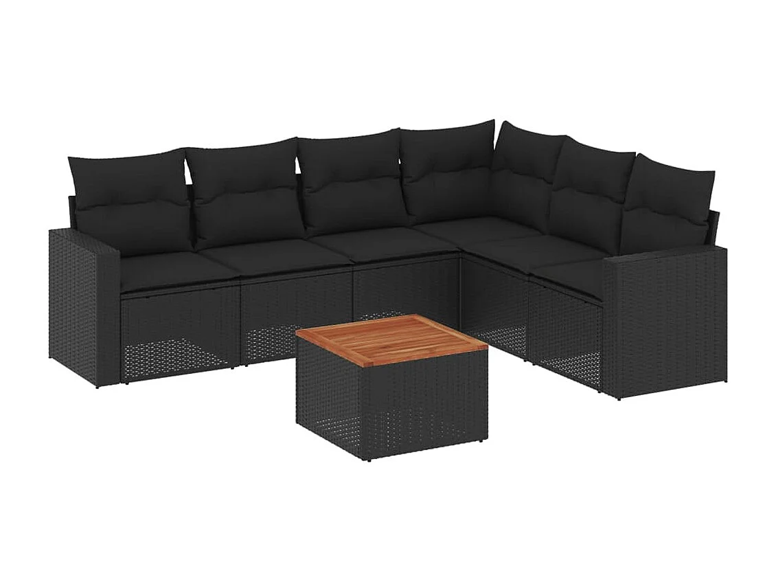 Salon de jardin 7 pcs avec coussins noir résine tressée
