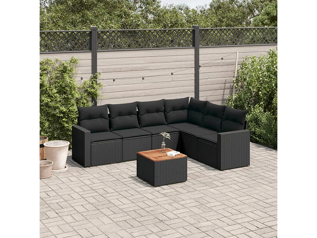 Salon de jardin 7 pcs avec coussins noir résine tressée
