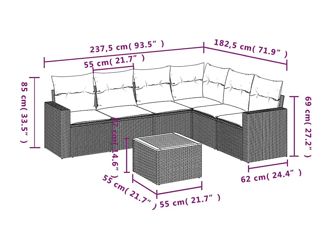 Salon de jardin 7 pcs avec coussins noir résine tressée