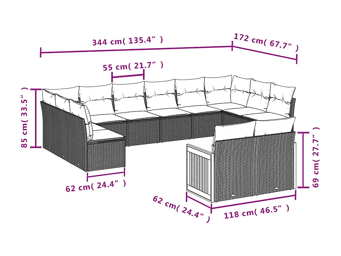 Salon de jardin 11 pcs avec coussins gris résine tressée