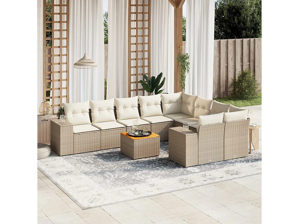 Salon de jardin avec coussins 10 pcs beige résine tressée