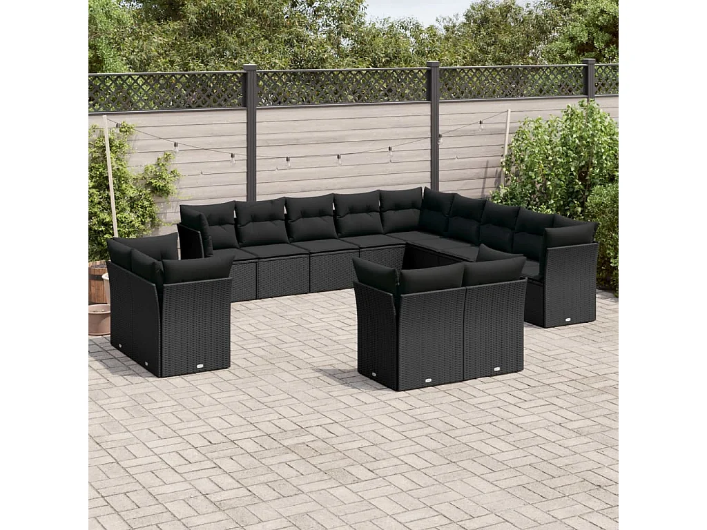 Salon de jardin avec coussins 13 pcs noir résine tressée