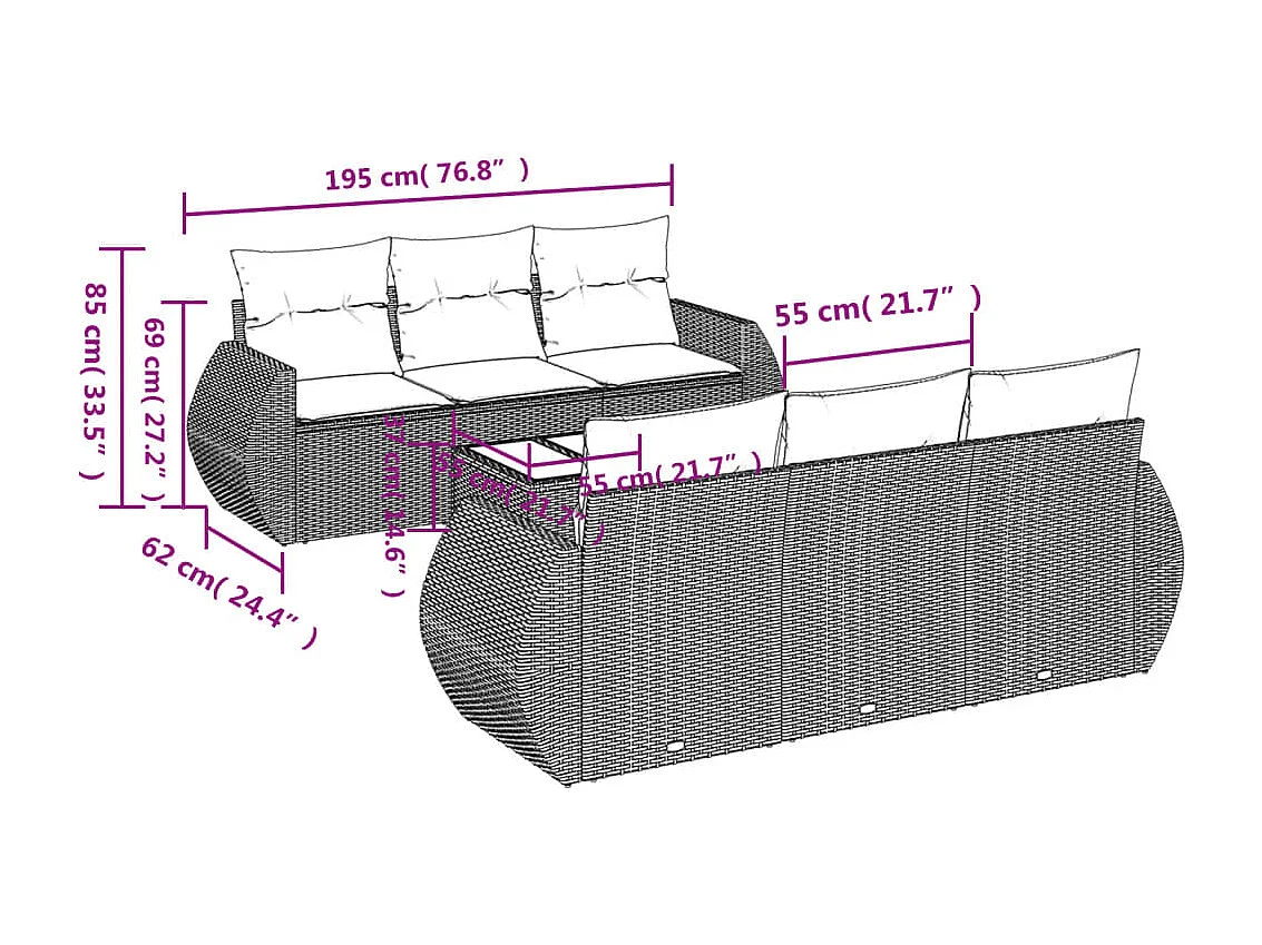 Salon de jardin avec coussins 7 pcs gris résine tressée