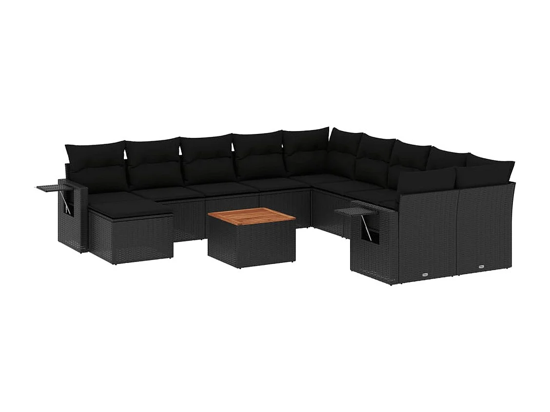 Salon de jardin avec coussins 14 pcs noir résine tressée