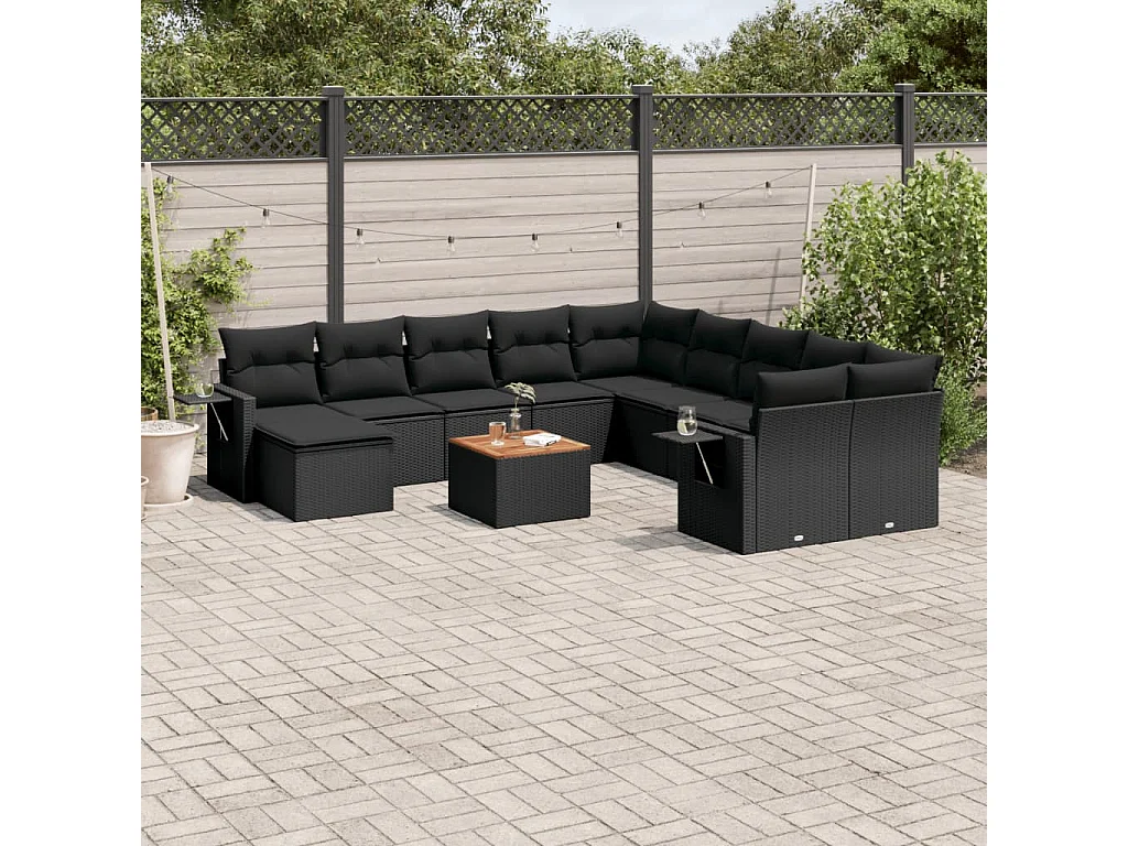 Salon de jardin avec coussins 14 pcs noir résine tressée