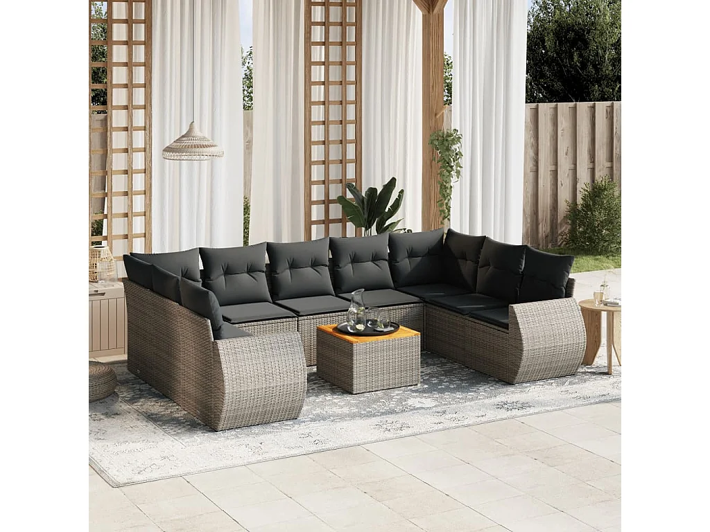 Salon de jardin avec coussins 10 pcs gris résine tressée