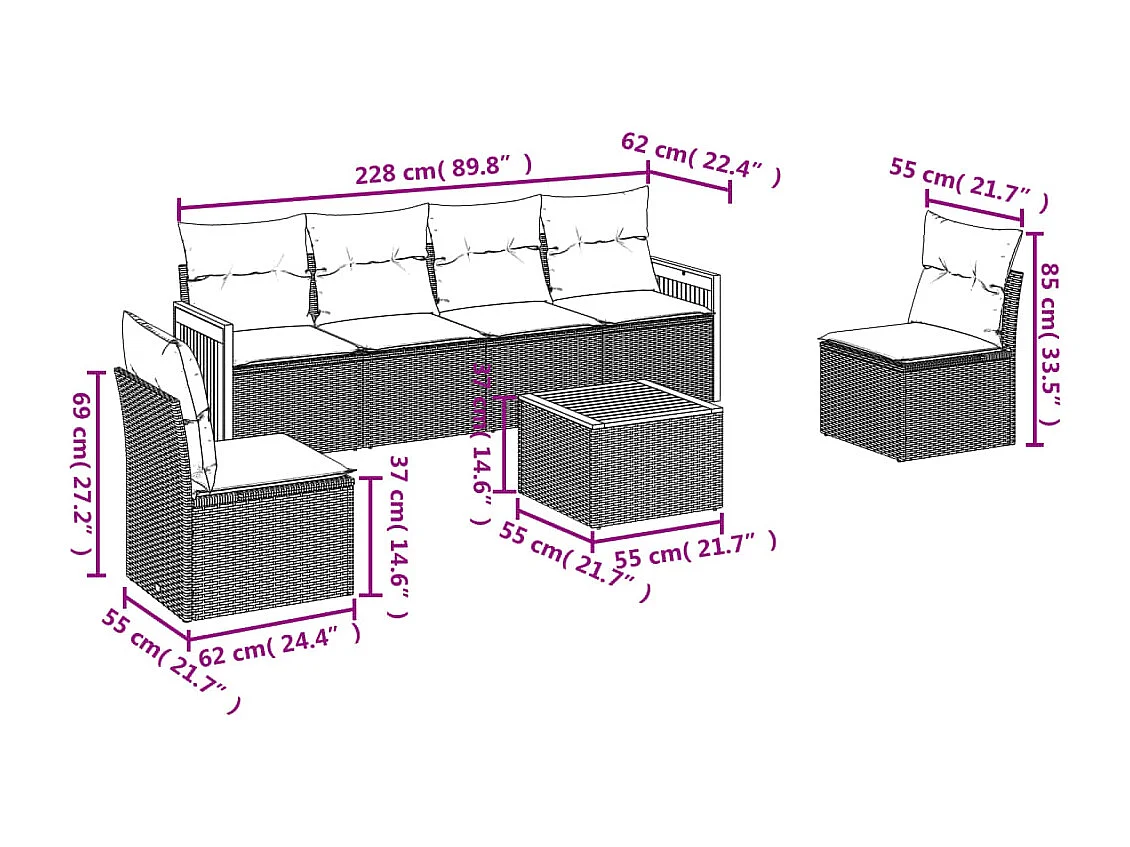 Salon de jardin avec coussins 7 pcs gris résine tressée