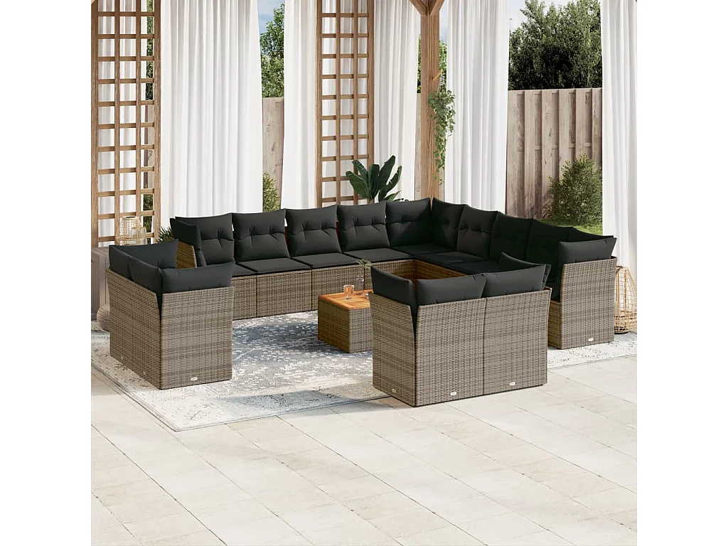 Salon de jardin avec coussins 14 pcs gris résine tressée