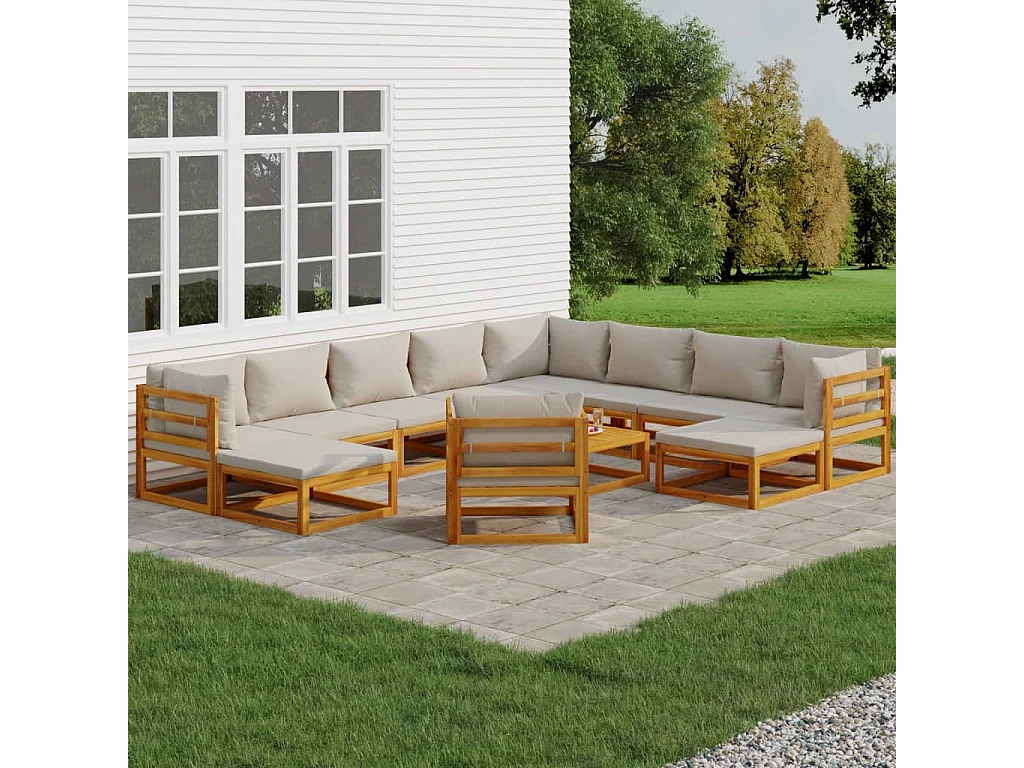 Salon de jardin 12 pcs avec coussins gris clair bois massif