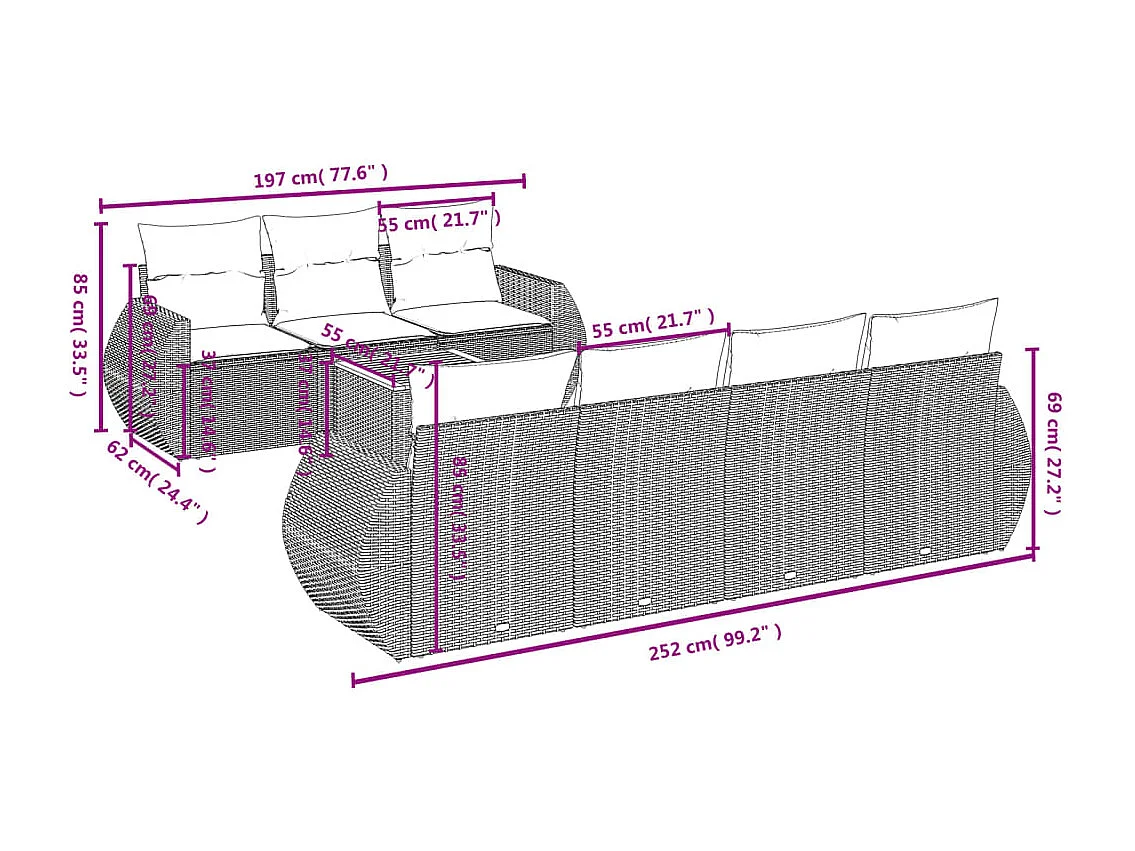 Salon de jardin 8 pcs avec coussins noir résine tressée