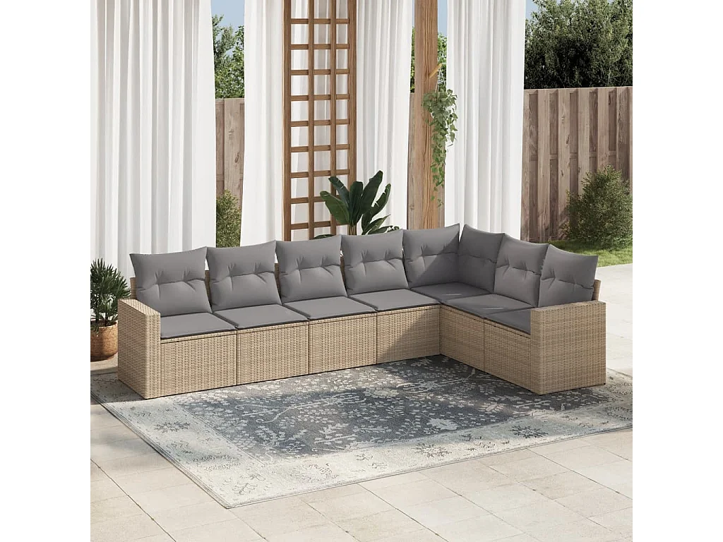 Salon de jardin avec coussins 7 pcs beige résine tressée