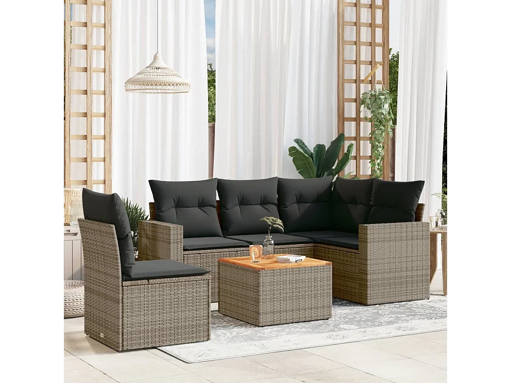 Salon de jardin 6 pcs avec coussins gris résine tressée