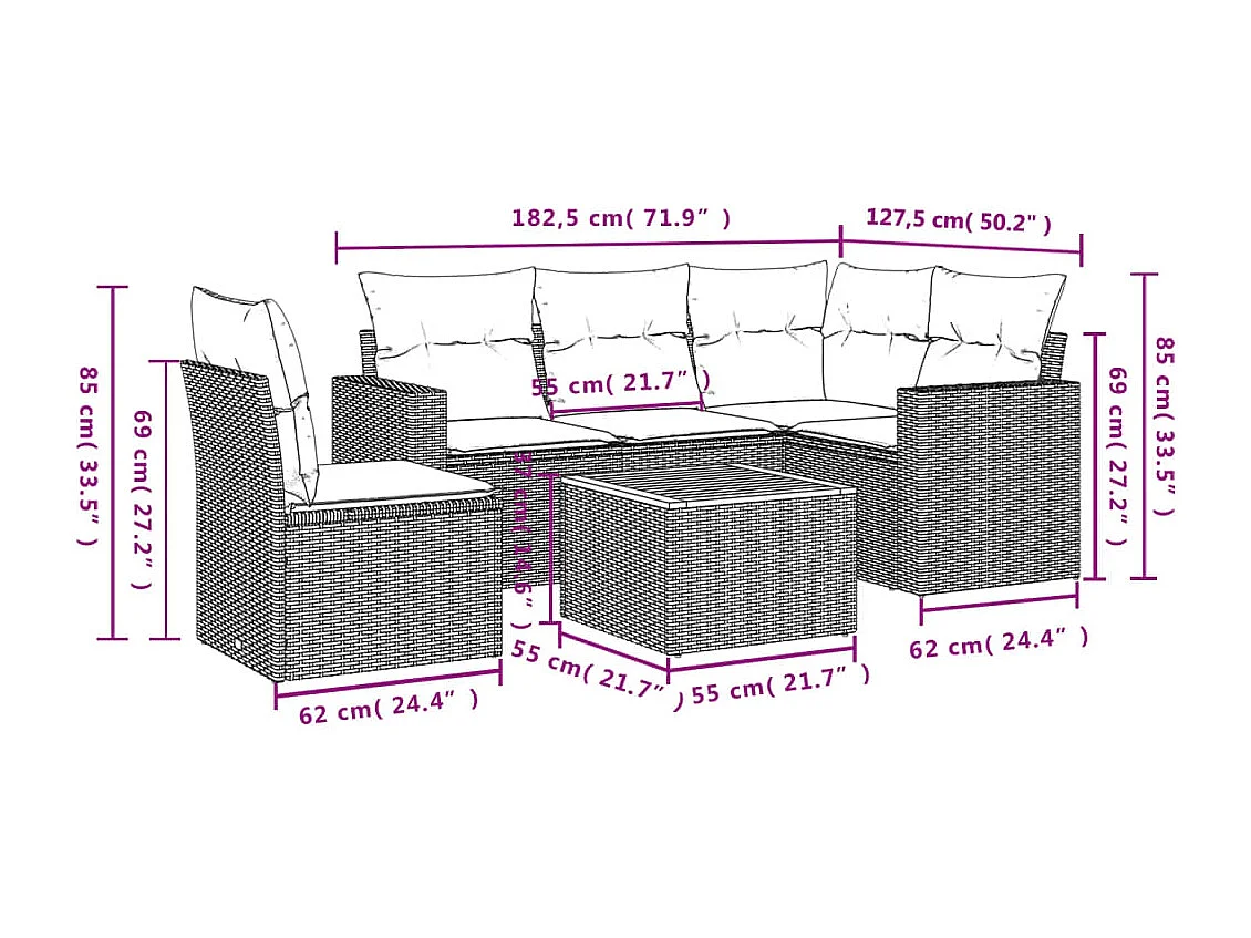 Salon de jardin 6 pcs avec coussins gris résine tressée