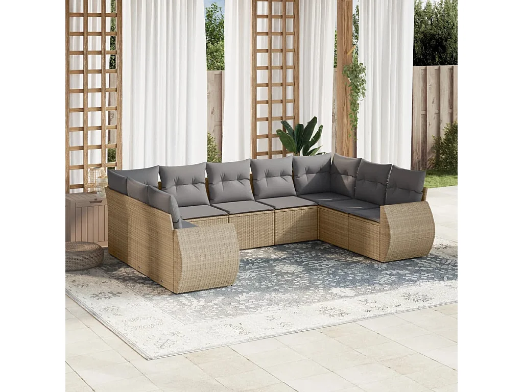 Salon de jardin avec coussins 9 pcs beige résine tressée