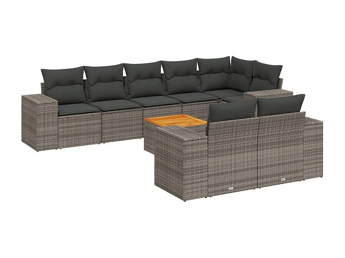 Salon de jardin 9 pcs avec coussins gris résine tressée