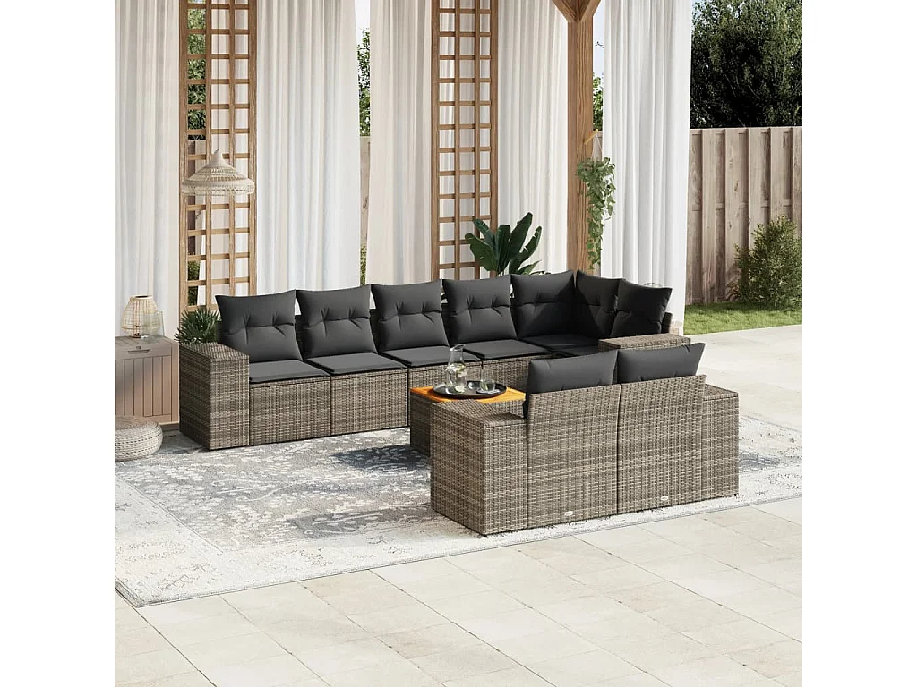 Salon de jardin 9 pcs avec coussins gris résine tressée