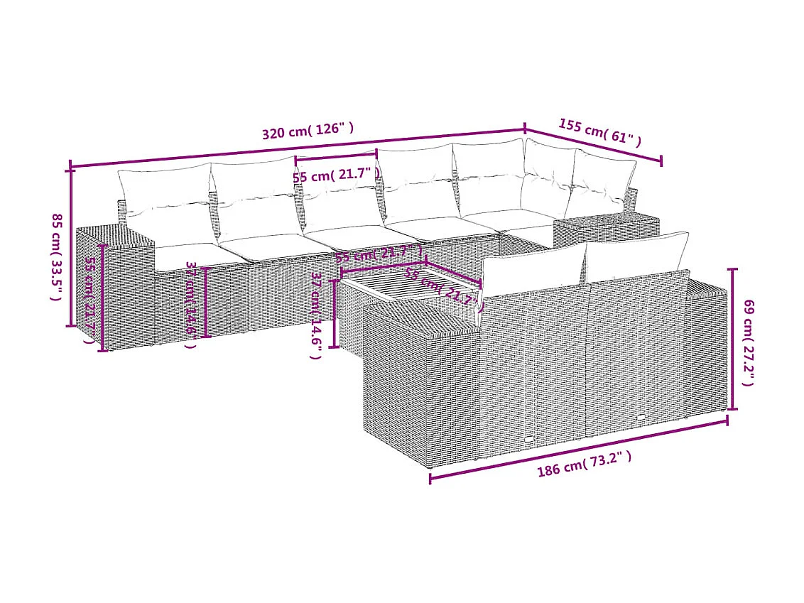 Salon de jardin 9 pcs avec coussins gris résine tressée