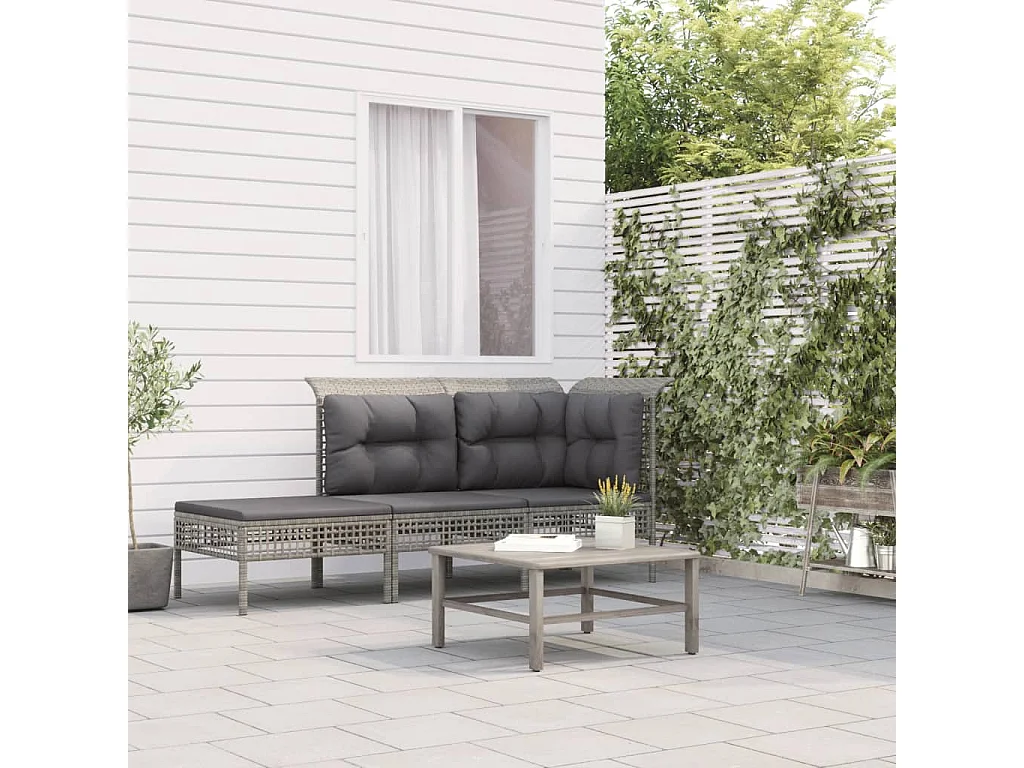 Salon de jardin 3 pcs avec coussins Gris Résine tressée