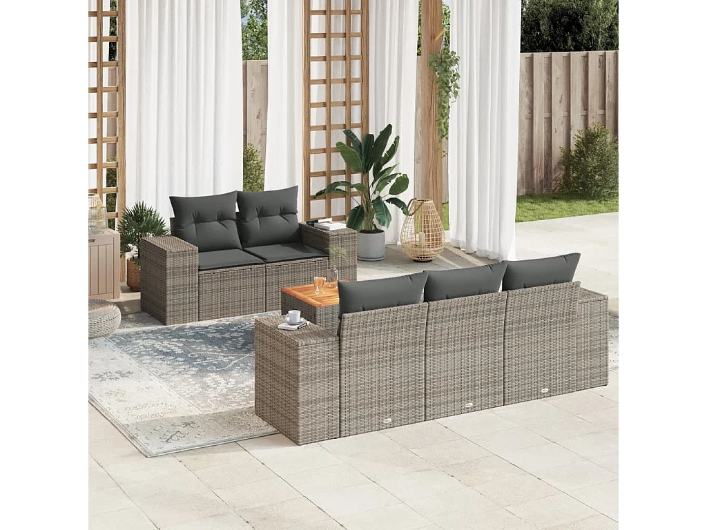 Salon de jardin 6 pcs avec coussins gris résine tressée
