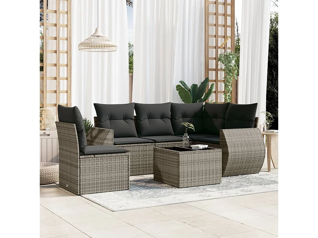 Salon de jardin 6 pcs avec coussins gris résine tressée