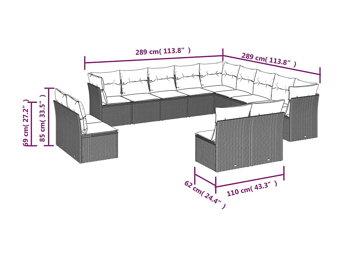 Salon de jardin avec coussins 13 pcs marron résine tressée