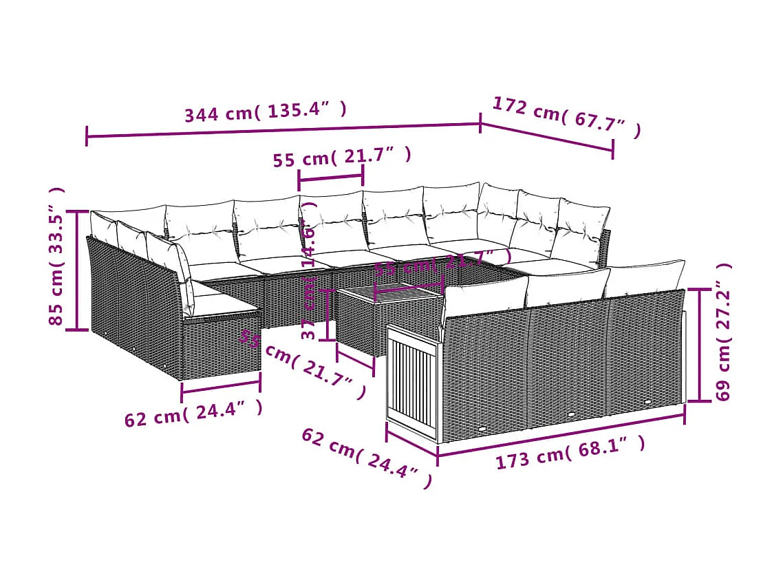 Salon de jardin avec coussins 14 pcs beige résine tressée