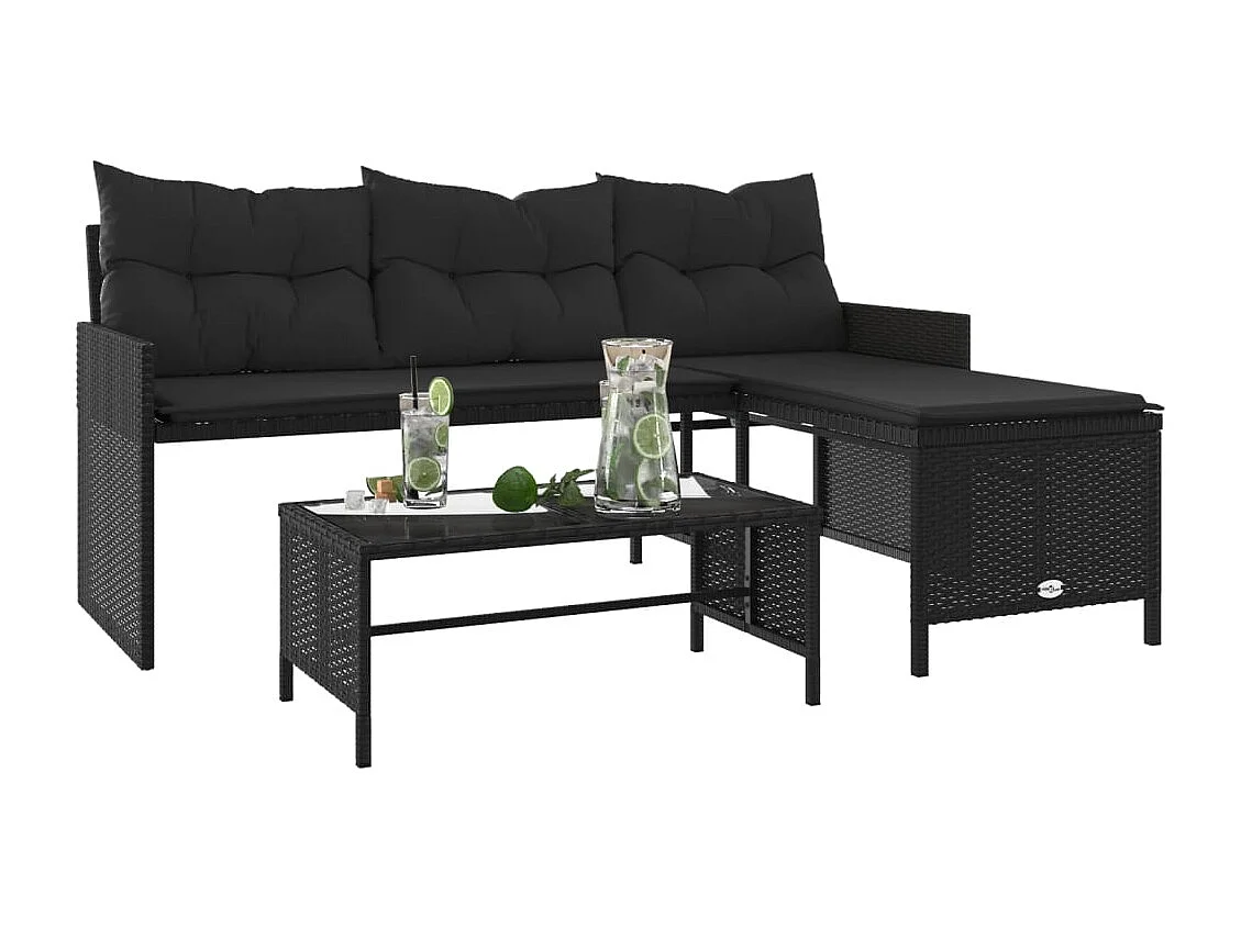 Canapé de jardin avec table et coussins en forme de L noir