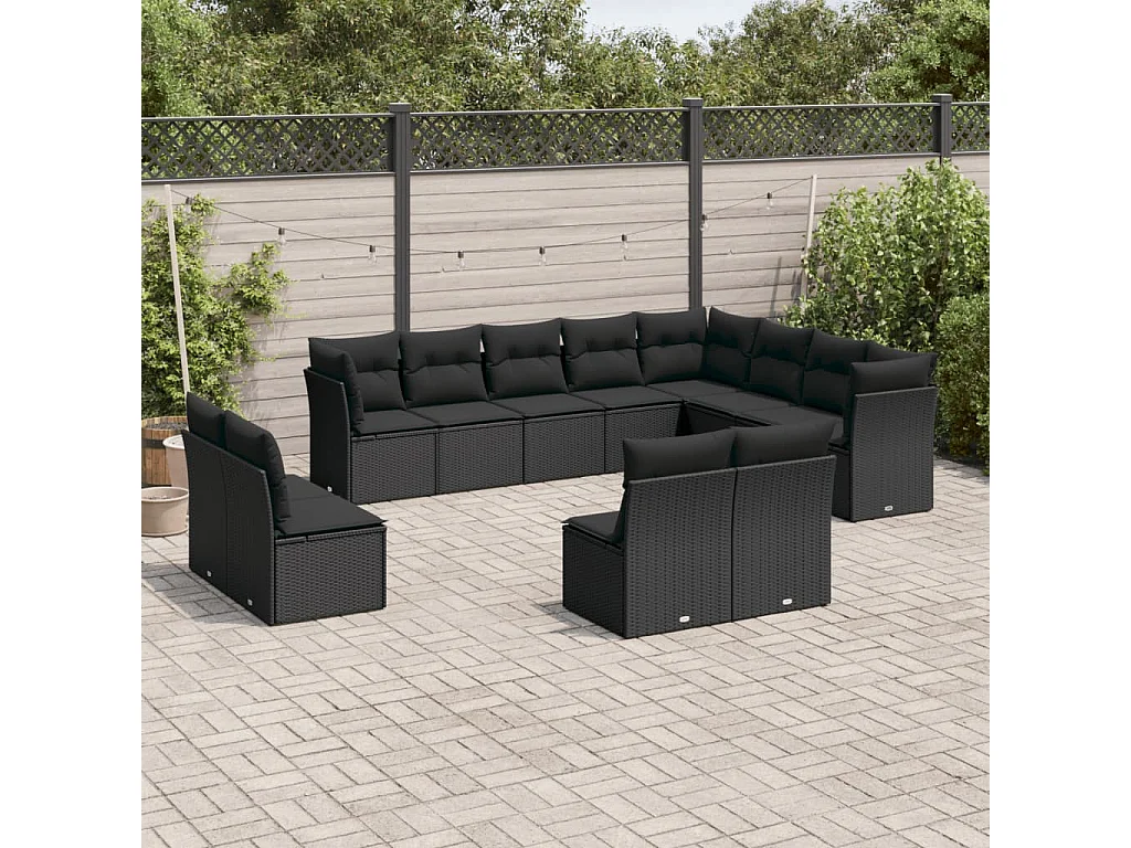 Salon de jardin 12 pcs avec coussins noir résine tressée