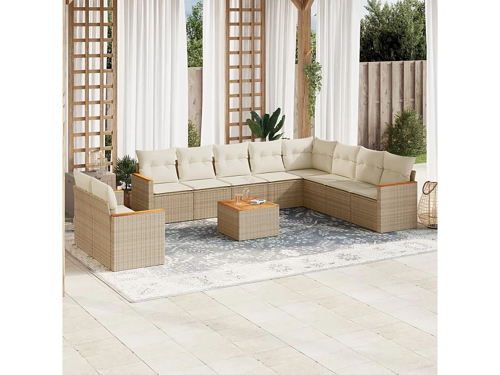 Salon de jardin 11 pcs avec coussins beige résine tressée