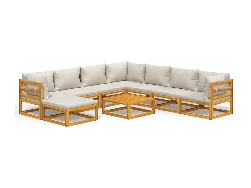 Salon de jardin 9 pcs avec coussins gris clair bois massif