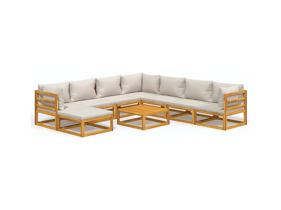 Salon de jardin 9 pcs avec coussins gris clair bois massif
