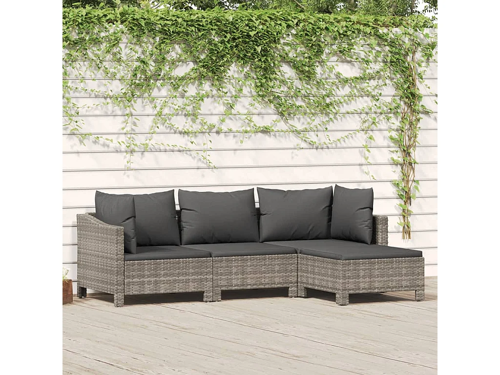 Salon de jardin 4 pcs avec coussins Gris Résine tressée