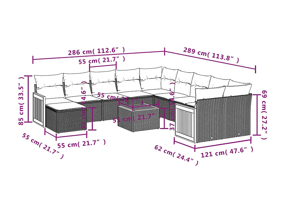 Salon de jardin 12 pcs avec coussins noir résine tressée