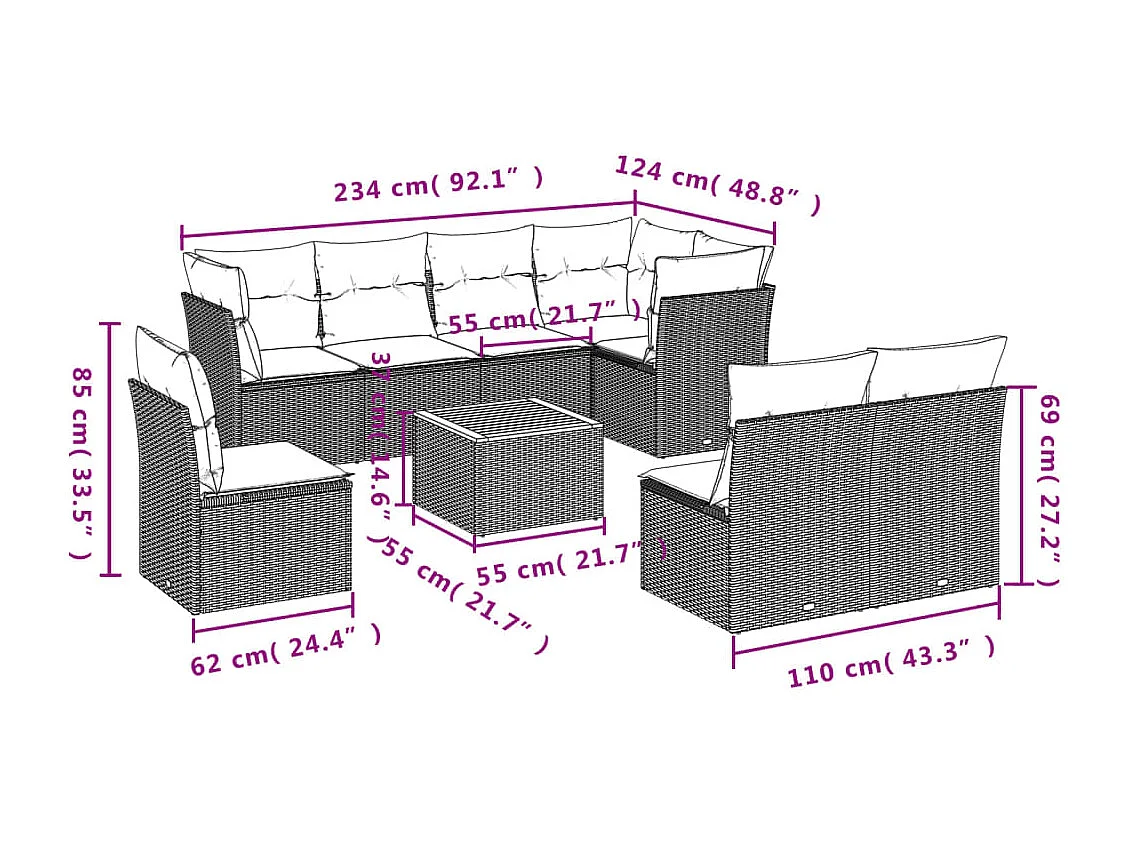 Salon de jardin 9 pcs avec coussins gris résine tressée