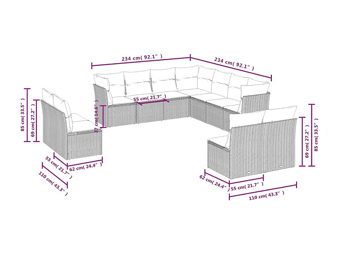 Salon de jardin 11 pcs avec coussins beige résine tressée