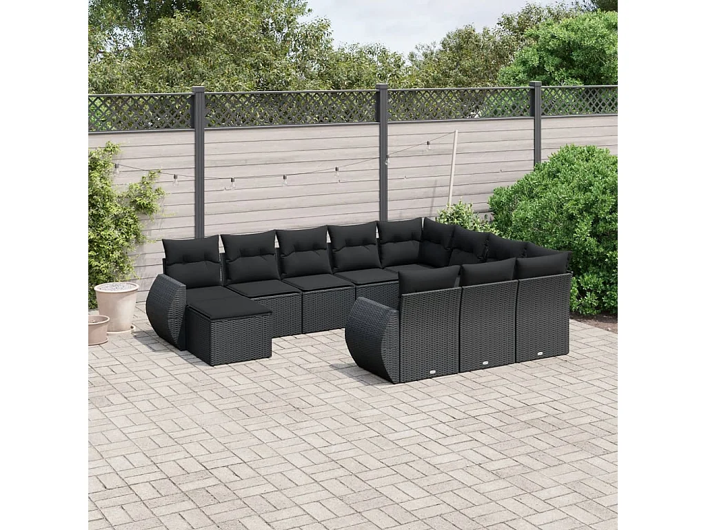 Salon de jardin 11 pcs avec coussins noir résine tressée