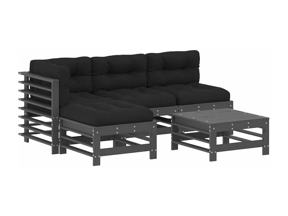 Salon de jardin 5 pcs avec coussins gris bois massif