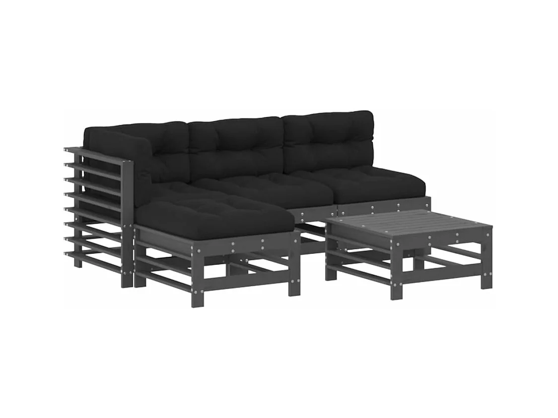 Salon de jardin 5 pcs avec coussins gris bois massif