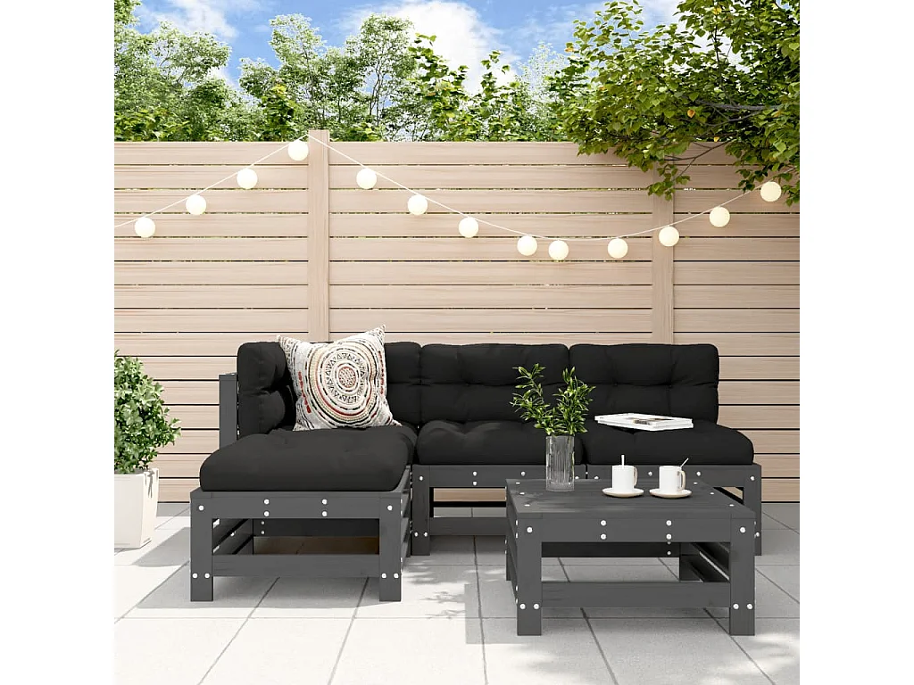 Salon de jardin 5 pcs avec coussins gris bois massif
