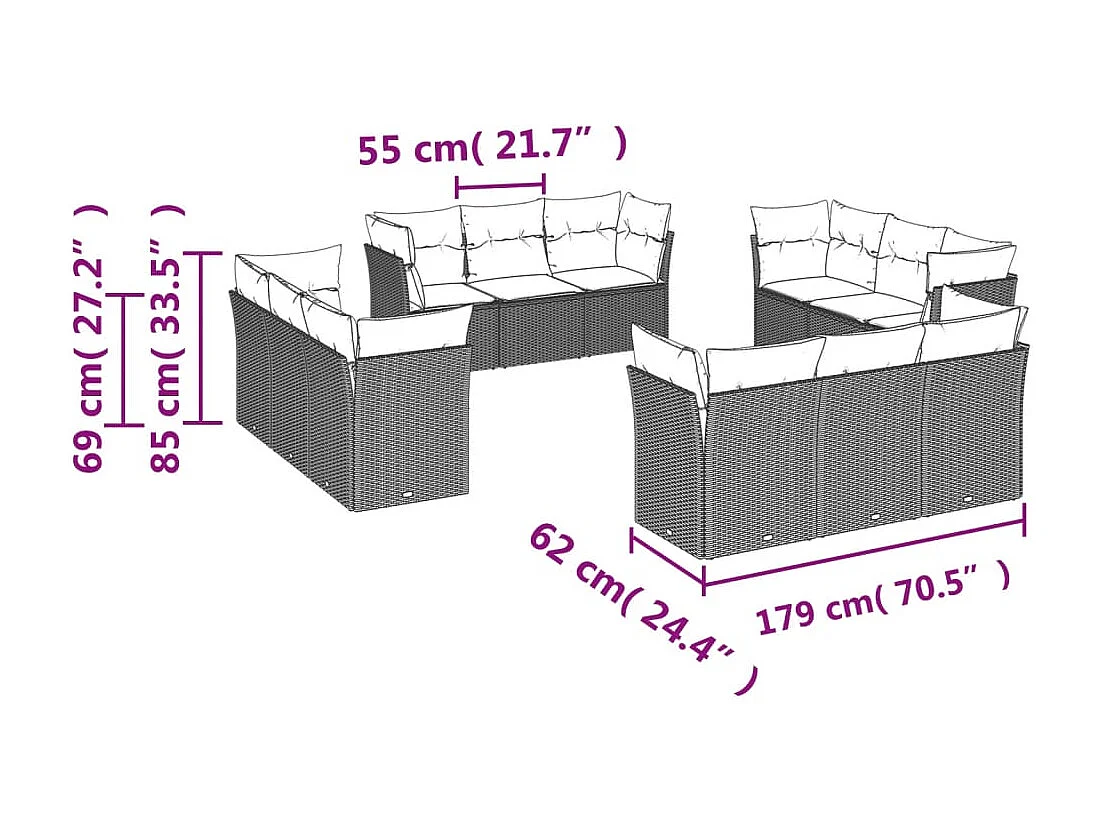 Salon de jardin avec coussins 12 pcs beige résine tressée