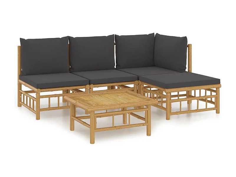 Salon de jardin 5 pcs avec coussins gris foncé bambou