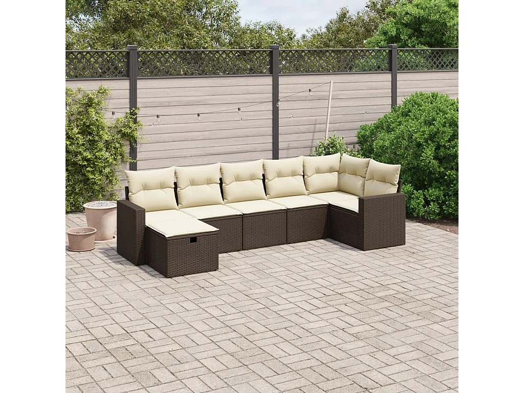 Salon de jardin avec coussins 7 pcs marron résine tressée